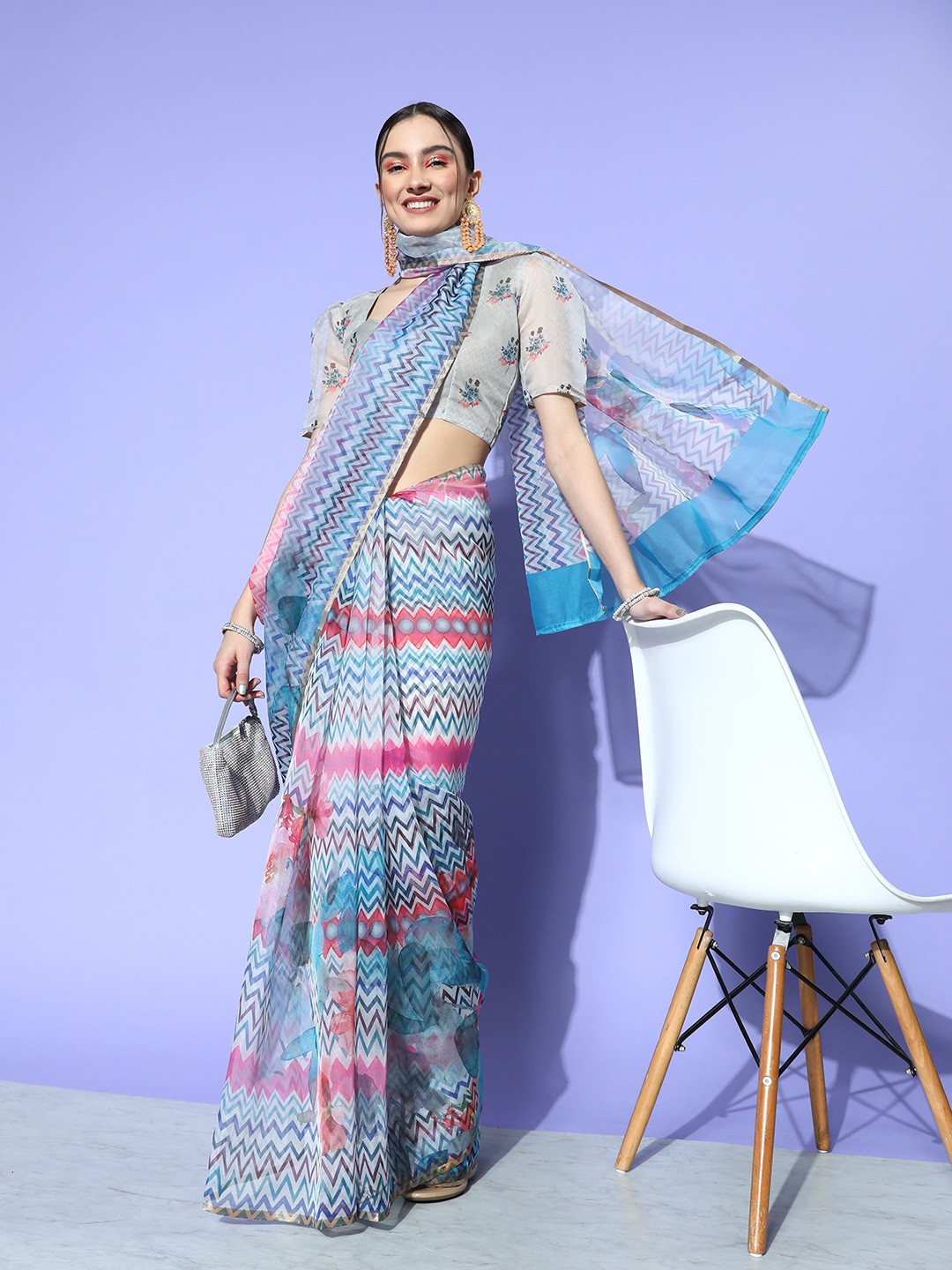 

Satrani Printed Organza Saree, Blue