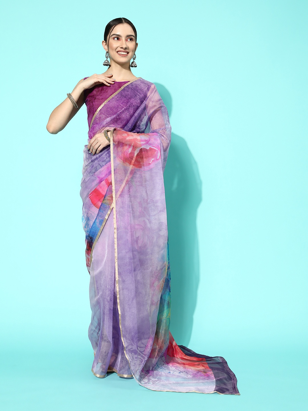 

Satrani Floral Printed Organza Saree, Lavender