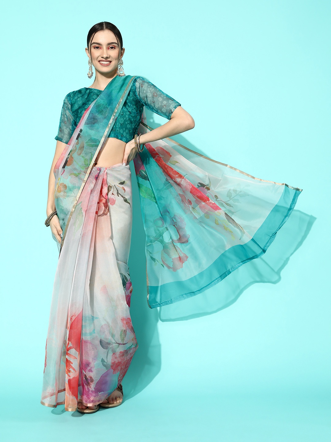 

Satrani Floral Printed Organza Saree, Multi