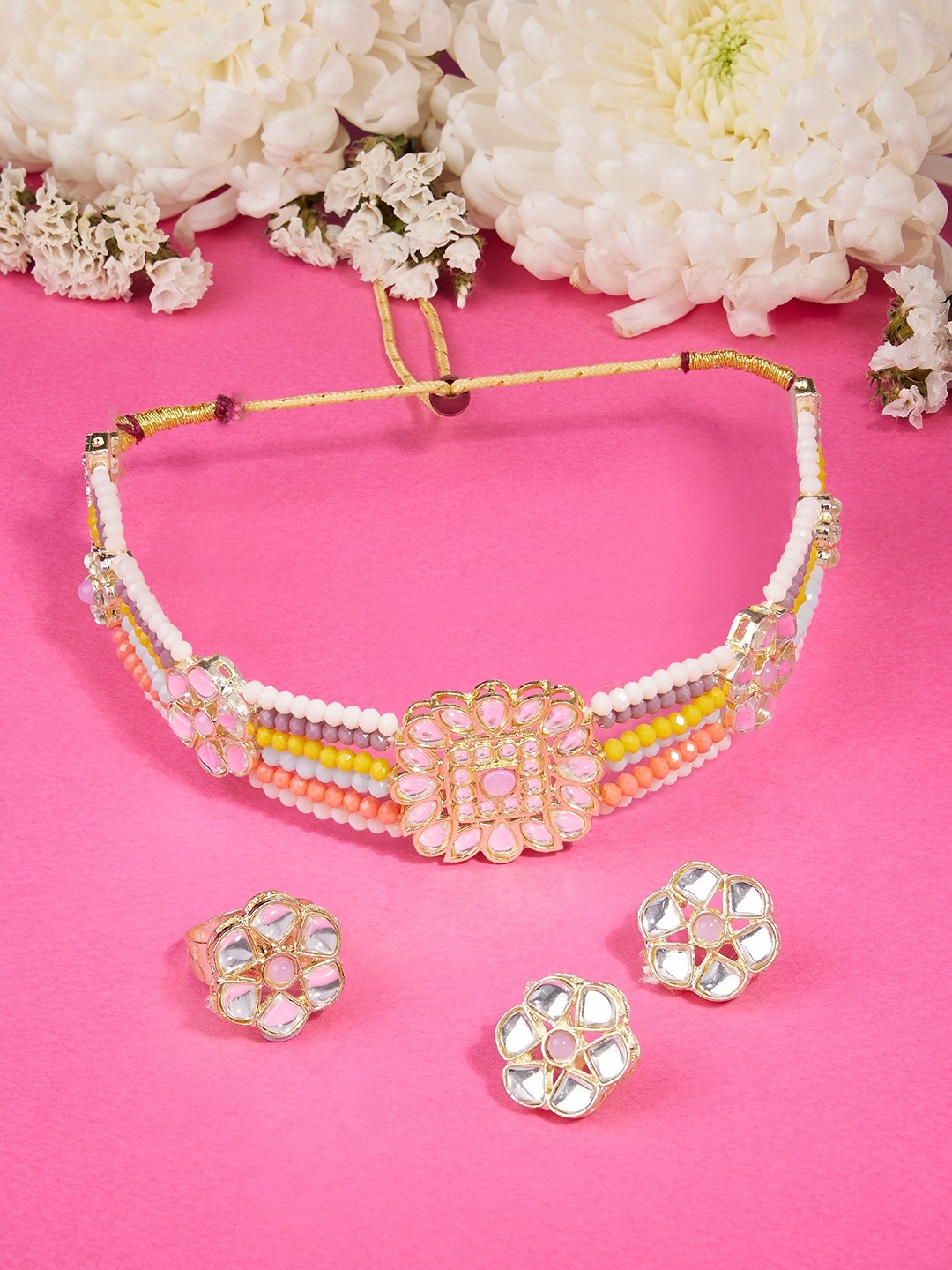 

Zaveri Pearls Gold-Plated Stone-Studded & Beaded Choker Necklace Earring & Ring Set