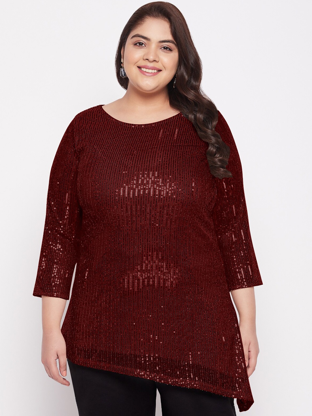 

wild U Plus Size Embellished Sequinned Asymmetric Longline Top, Maroon