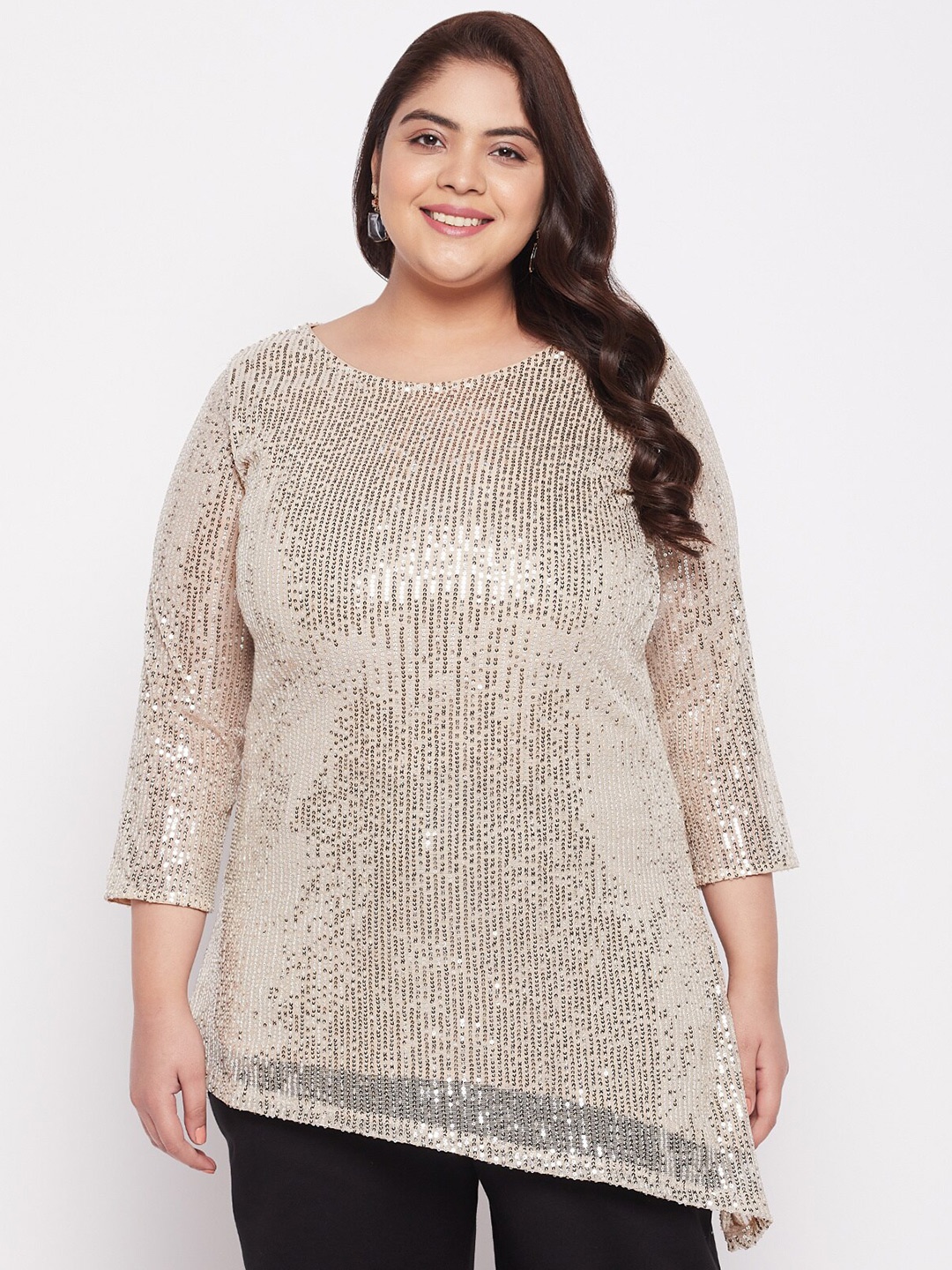 

wild U Plus Size Embellished Sequinned Asymmetric Longline Top, Beige
