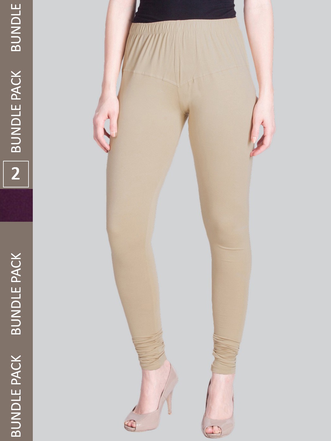 

LYRA Women Pack Of 2 Churidar-Length Cotton Lycra Leggings, Beige