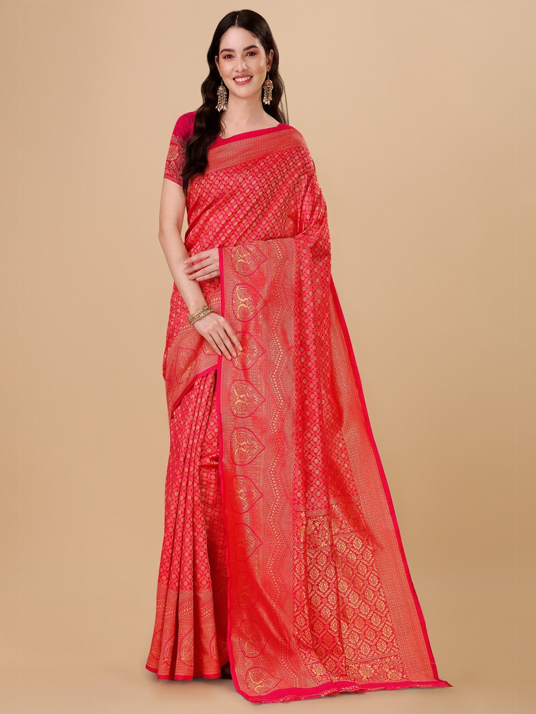 

TEREZA Ethnic Motifs Woven Design Zari Kanjeevaram Saree, Pink