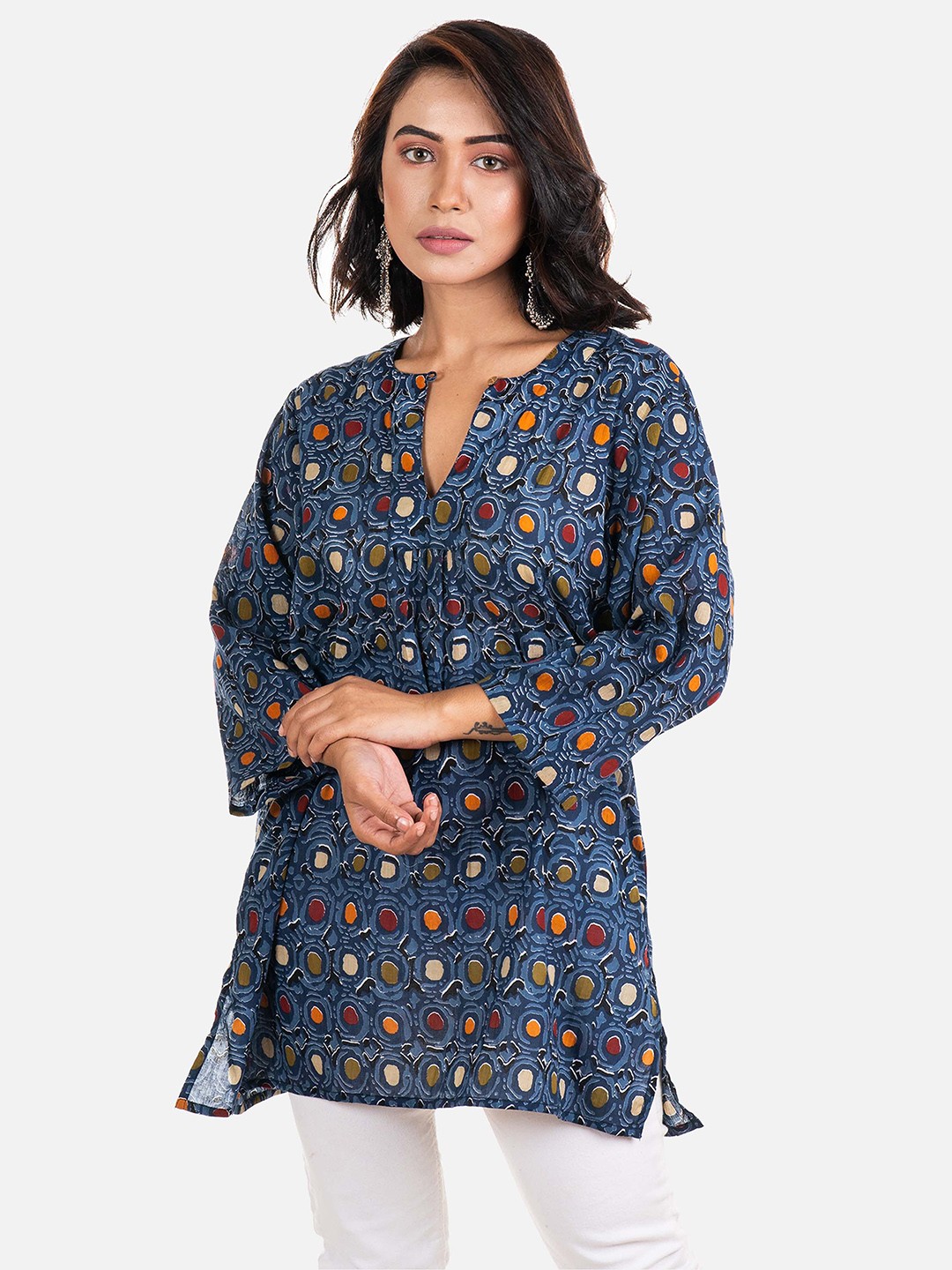 

AQVA Ethnic Motifs Printed Mandarin Collar Cotton Kurta, Navy blue