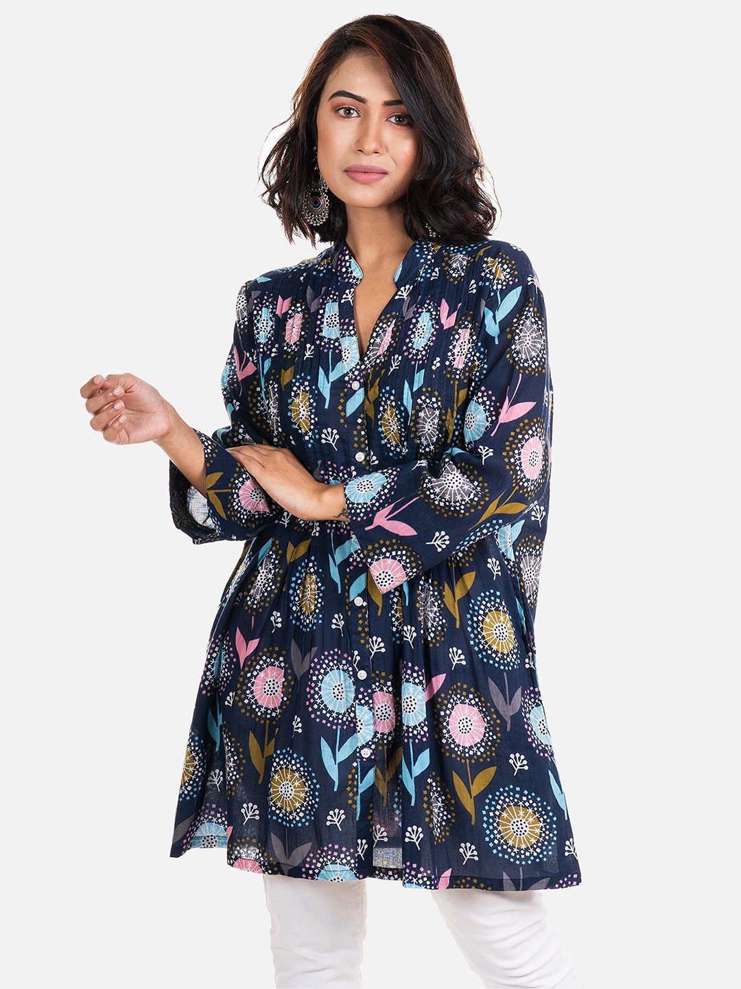 

AQVA Floral Printed V-Neck Cotton Straight Tunic, Navy blue