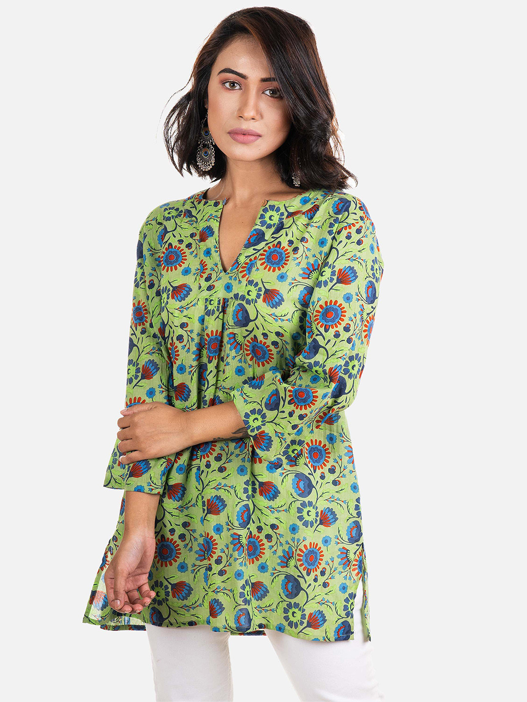 

AQVA Floral Printed V-Neck Cotton Straight Kurta, Lime green