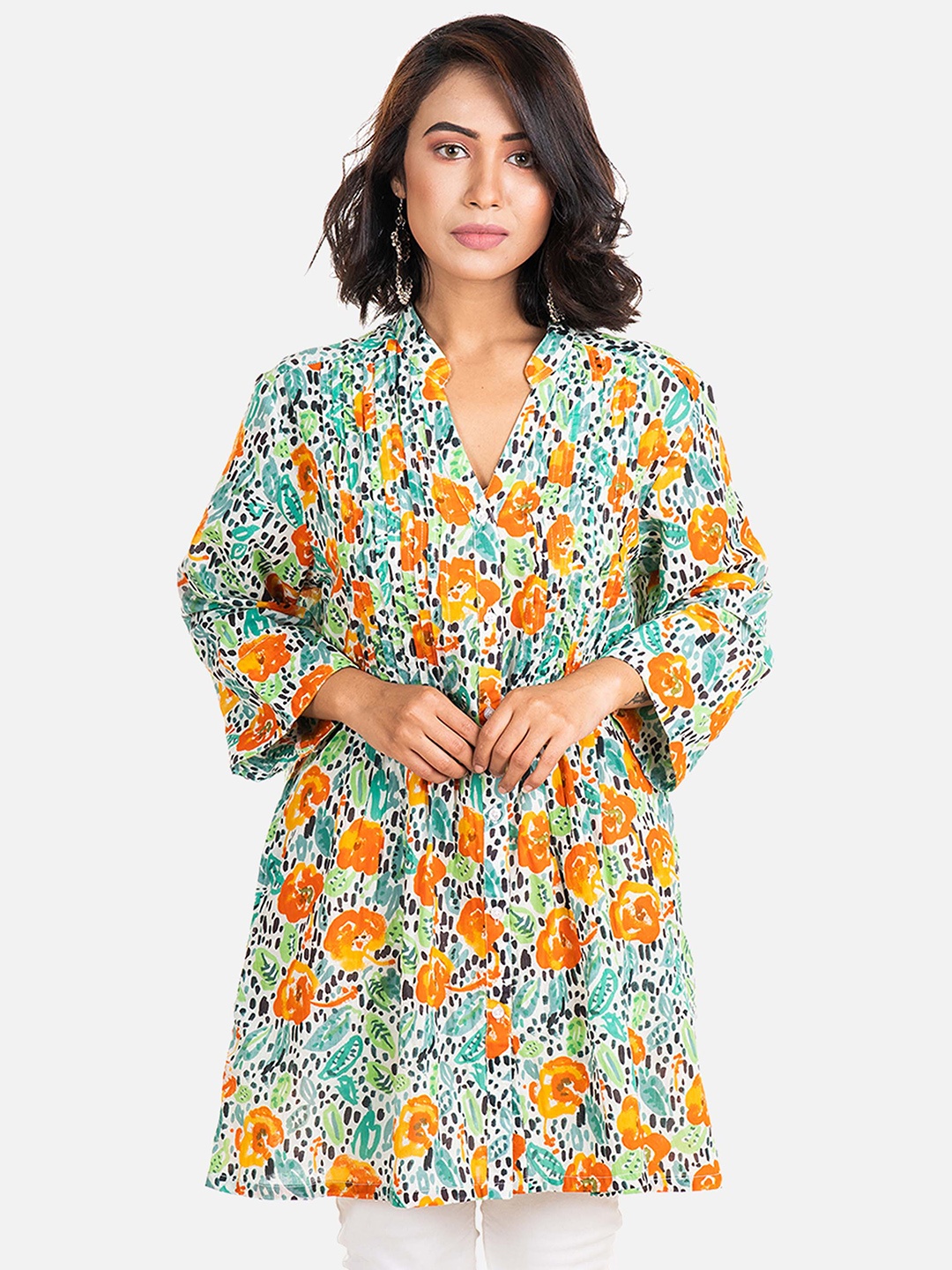 

AQVA Abstract Printed V Neck Cotton Straight Tunic, Orange