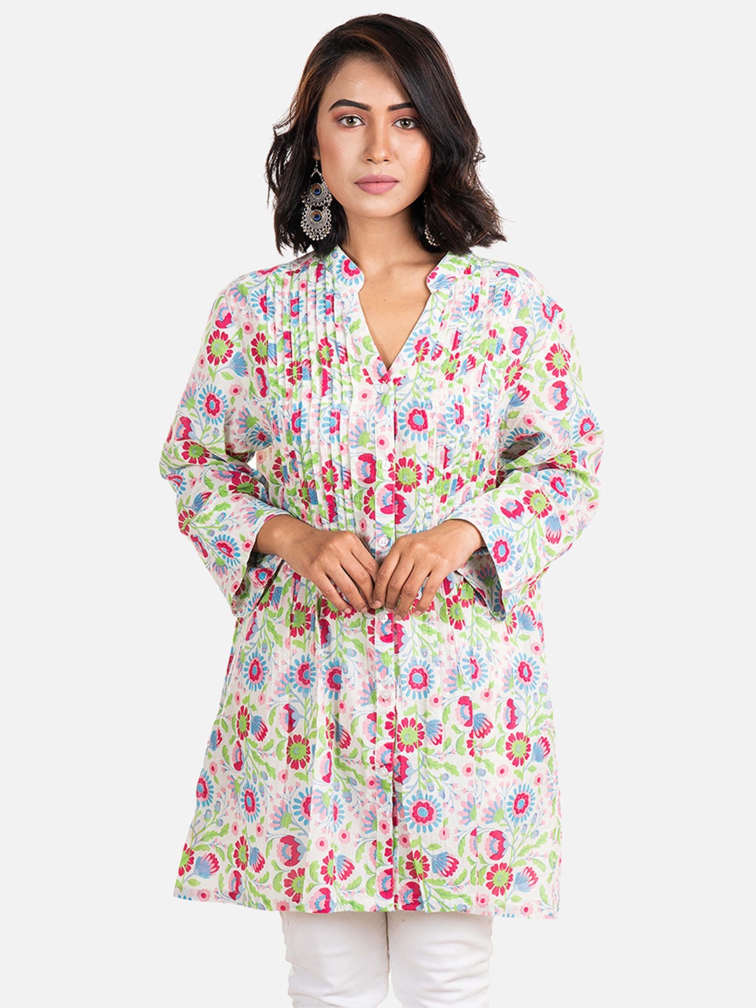 

AQVA Floral Printed V Neck Cotton Straight Tunic, White