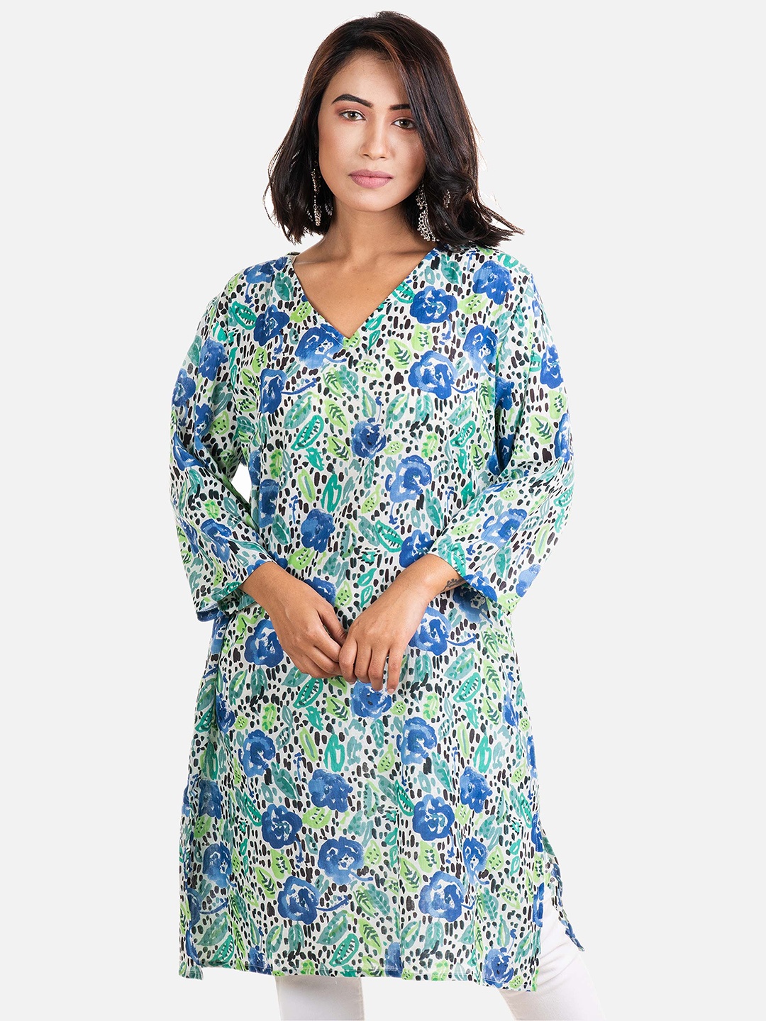 

AQVA Floral Printed V Neck Three Quarter Sleeves Cotton Straight Kurta, Navy blue