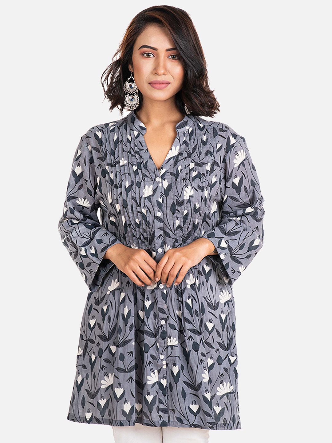 

AQVA Floral Printed V Neck Cotton Straight Tunic, Grey