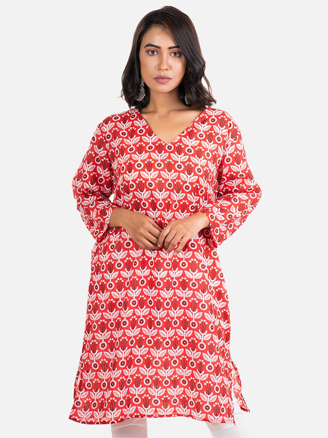 

AQVA Floral Printed V Neck Three Quarter Sleeves Cotton Straight Kurta, Red
