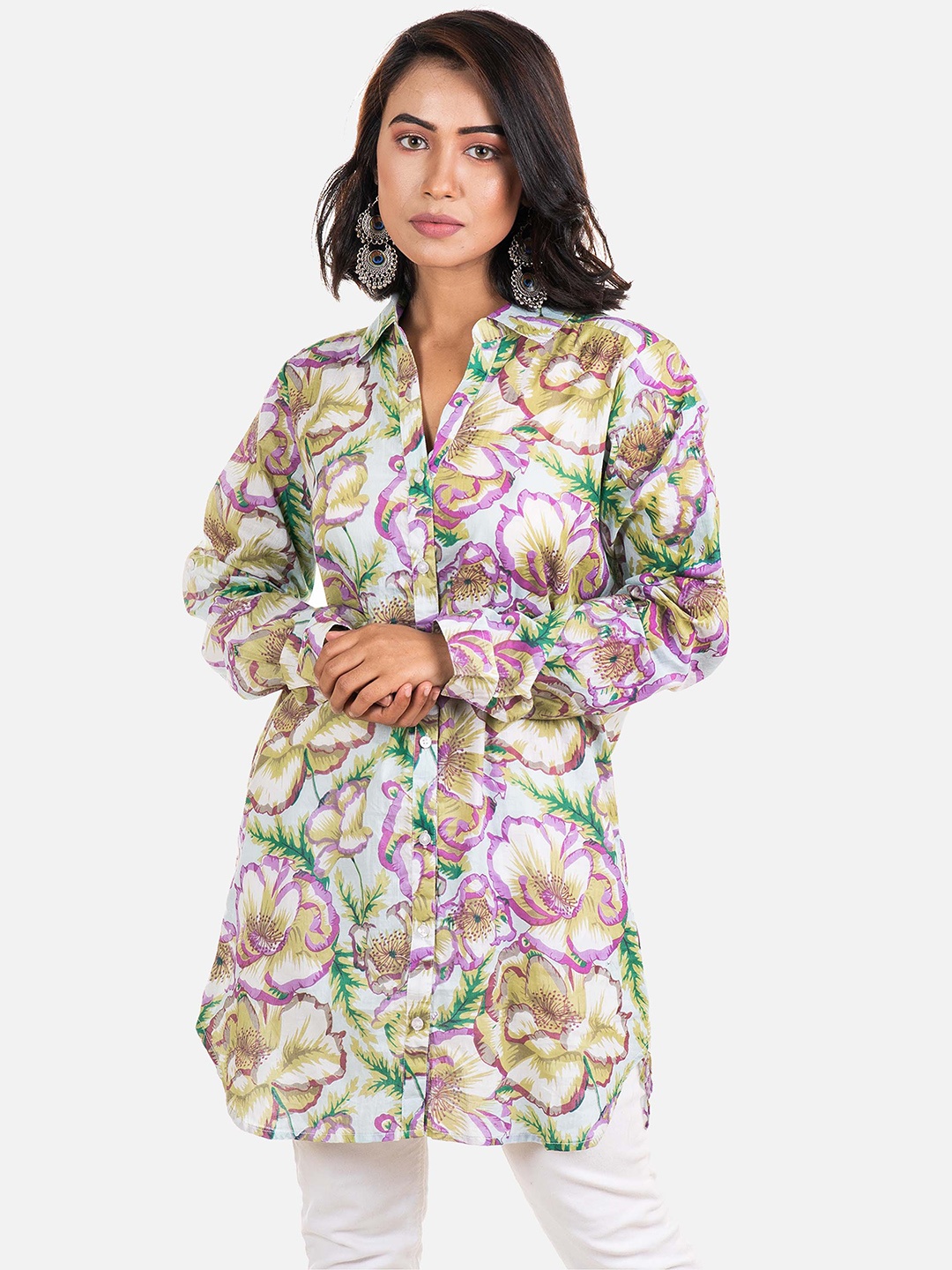 

AQVA Floral Printed Shirt Collar Cuffed Sleeves Cotton Tunic, White