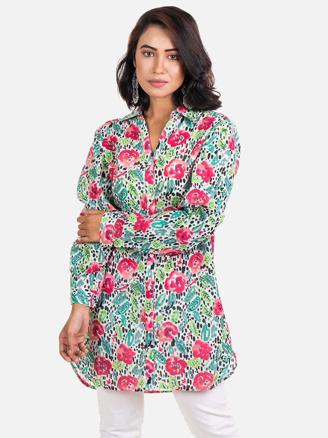

AQVA Floral Printed Shirt Collar Cuffed Sleeves Cotton Tunic, White