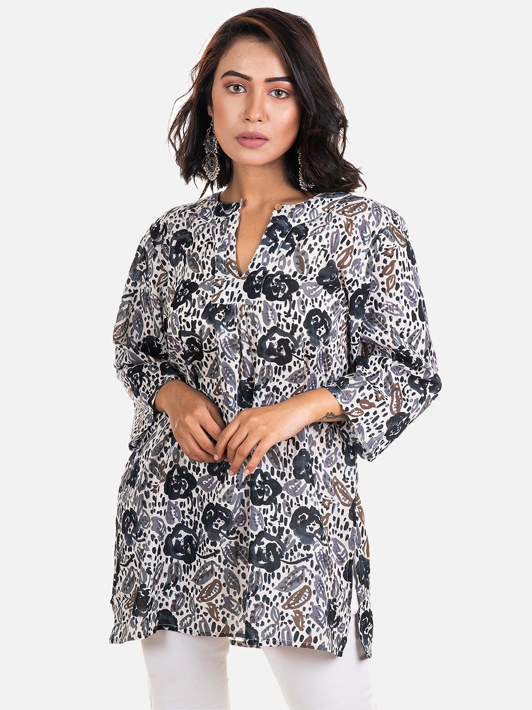 

AQVA Floral Printed V-Neck Cotton Tunic, Grey