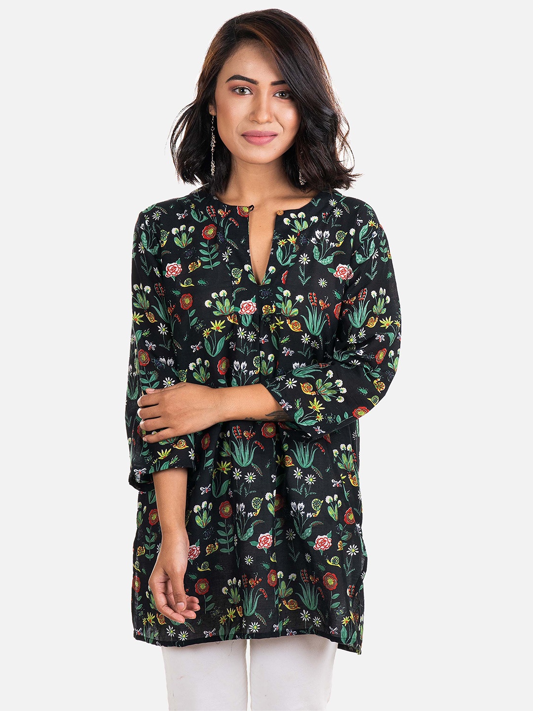 

AQVA Floral Printed V-Neck Cotton Tunic, Black