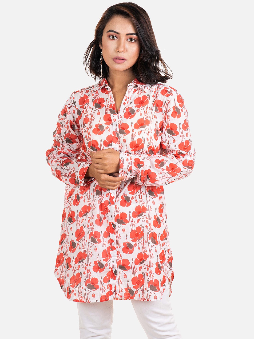 

AQVA Floral Printed Shirt Collar Cuffed Sleeves Cotton Tunic, White