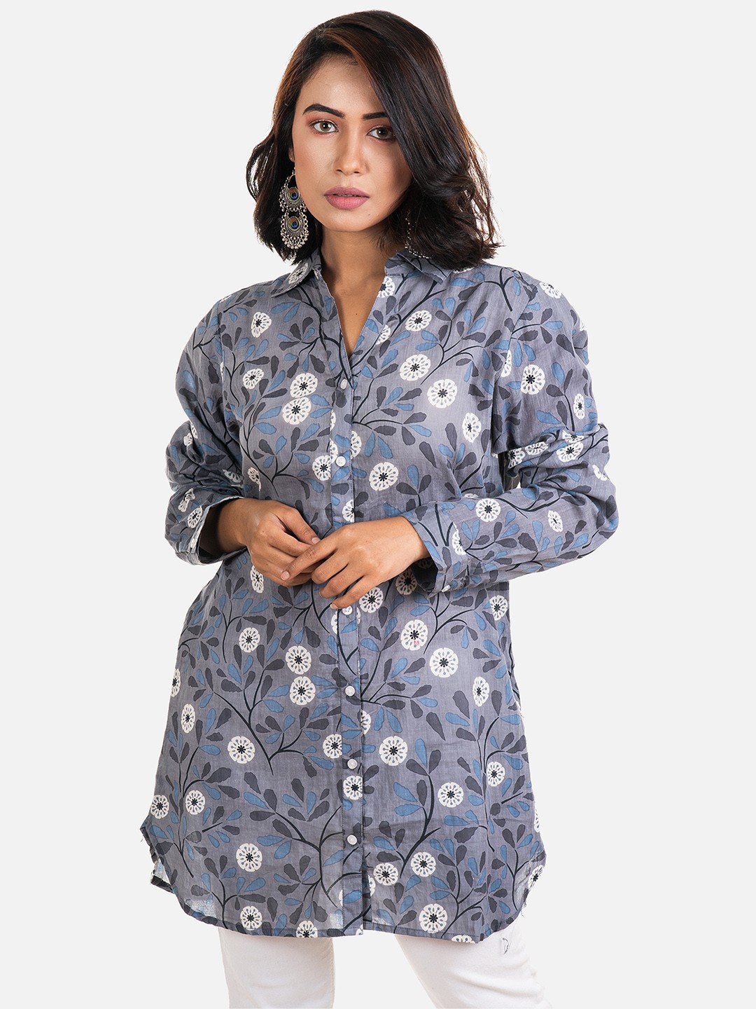 

AQVA Floral Printed Shirt Collar Cuffed Sleeves Cotton Tunic, Grey