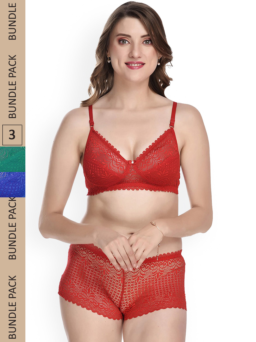 

AROUSY Pack Of 3 Self Design Non-Padded Lace Detailed Lingerie Set, Red