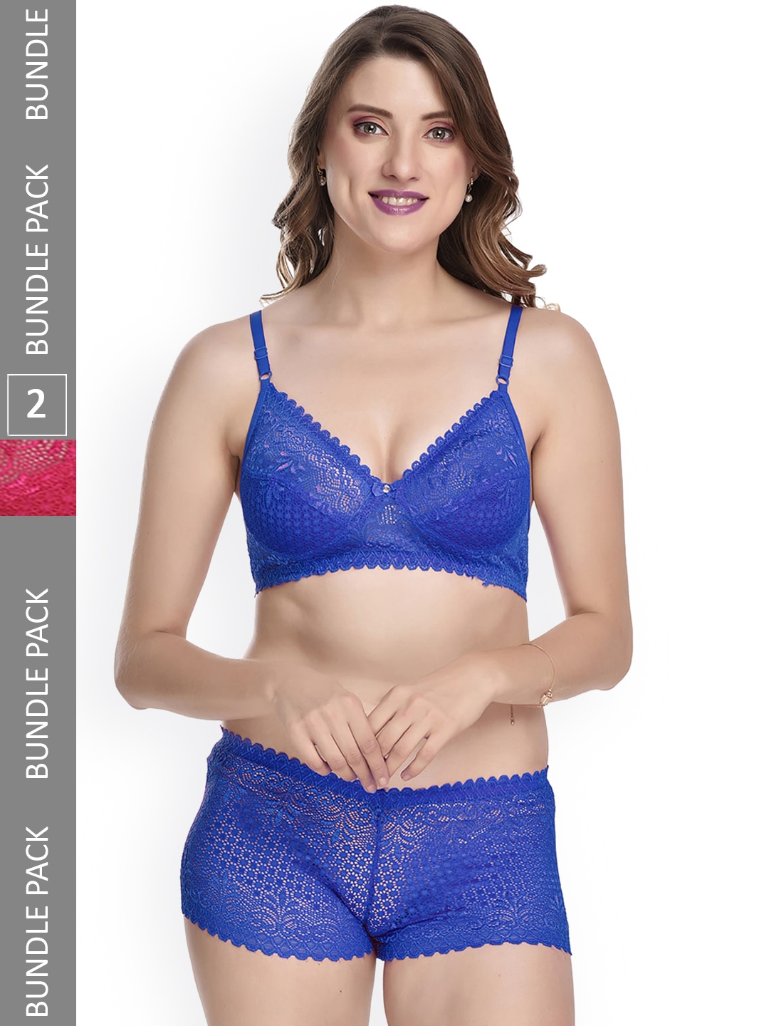 

AROUSY Pack Of 2 Self-Design Non-Padded Lingerie Set, Pink