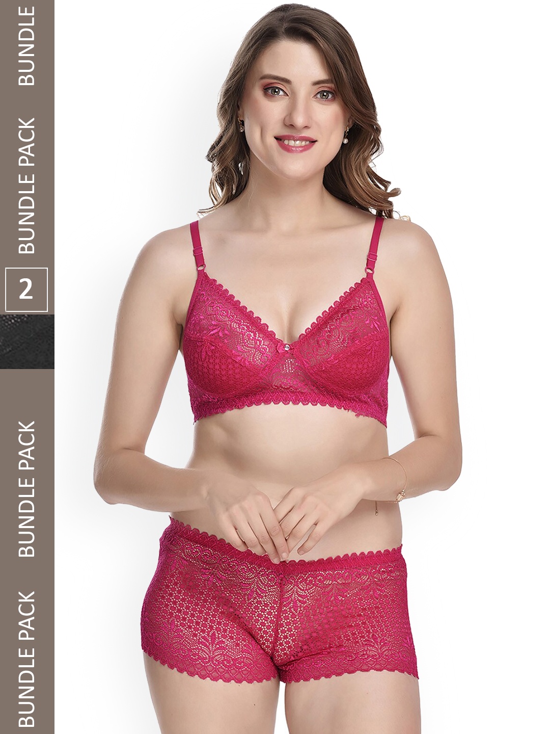 

AROUSY Women Pack Of 2 Self-Design Non-Padded Lingerie Set, Pink