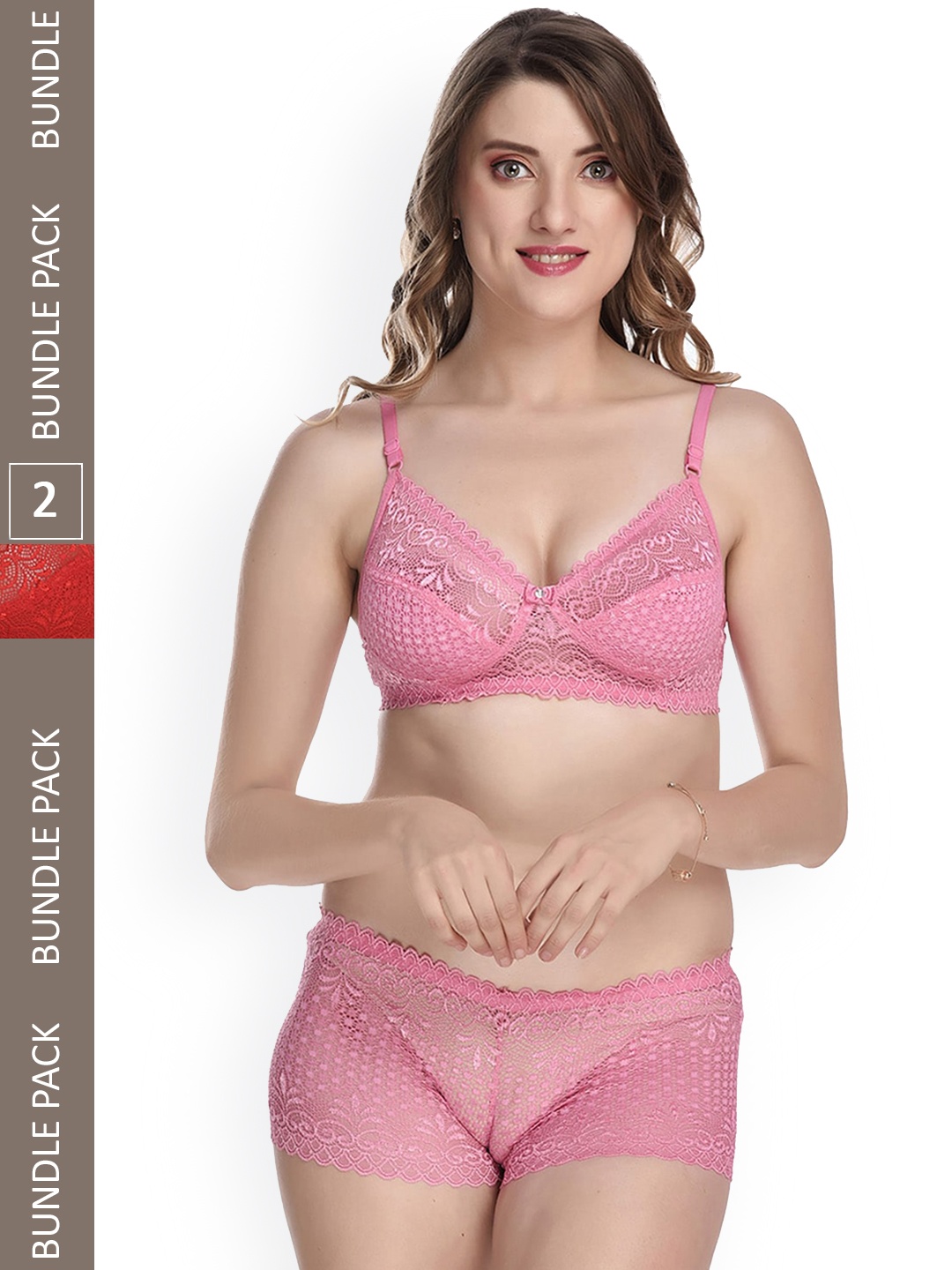 AROUSY Women Pack Of 2 Self-Design Non-Padded Lingerie Set M_Rain Set_Red,Orange_38