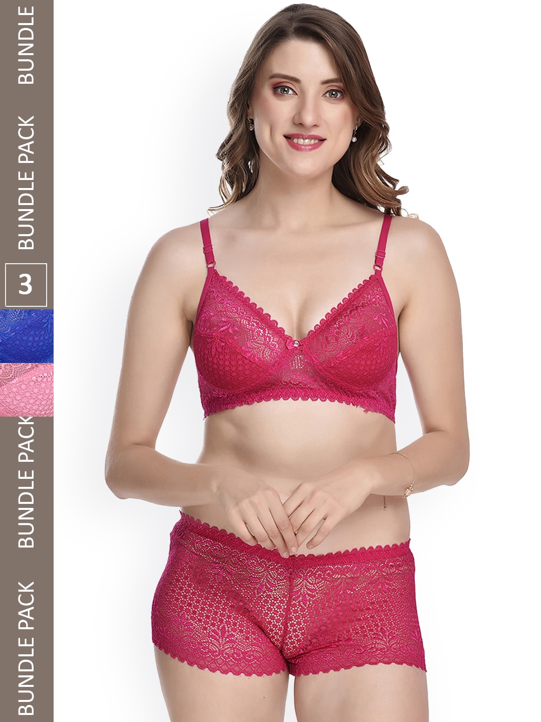 

AROUSY Pack Of 3 Self-Design Non-Padded Lingerie Set, Rose