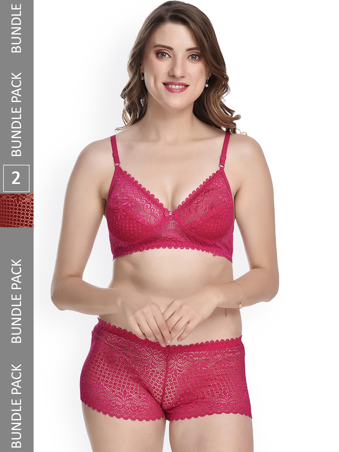 

AROUSY Pack Of 2 Self-Design Non-Padded Lace Lingerie Set, Pink