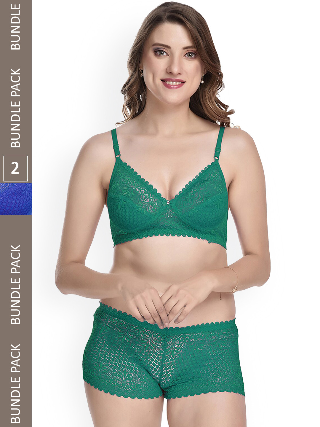 

AROUSY Pack Of 2 Self-Design Non-Padded Lace Lingerie Set, Green