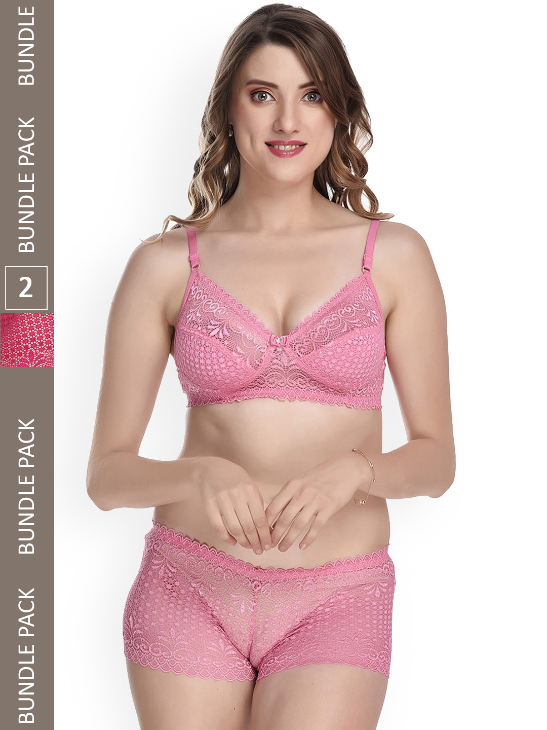 

AROUSY Pack Of 2 Self-Design Non-Padded Lace Lingerie Set, Pink