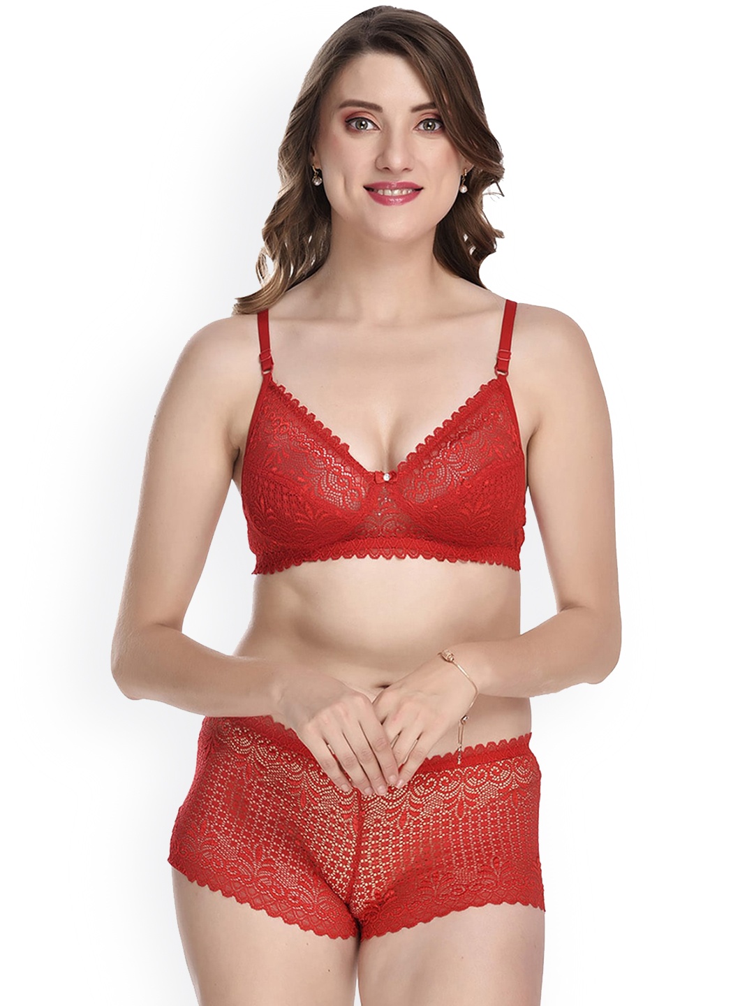 AROUSY Women Self-Design Non-Padded Lingerie Set M_Rain Set_Red_30