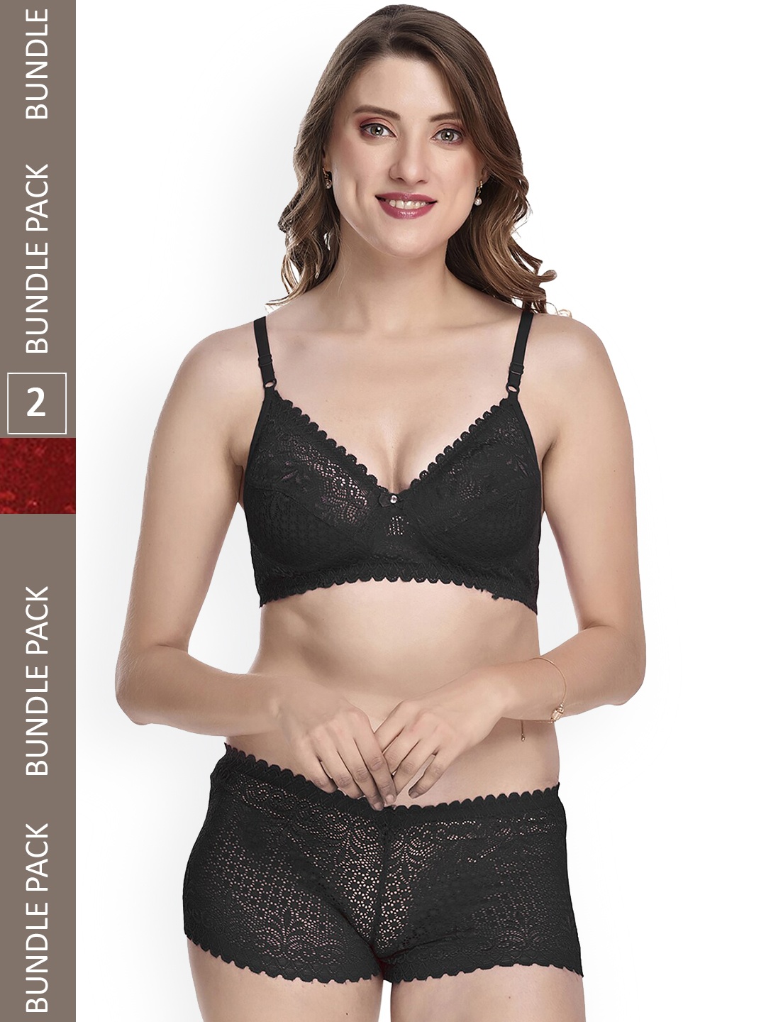 

AROUSY Pack Of 2 Self-Design Non-Padded Lace Lingerie Set, Black