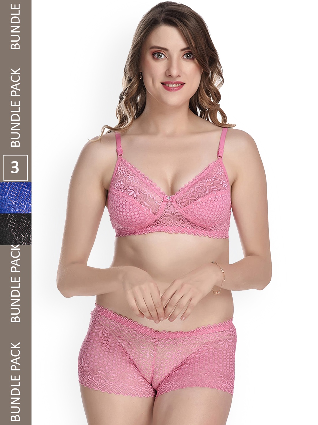 

AROUSY Pack Of 3 Self Design Non Padded Non Wired Lace Lingerie Set, Blue