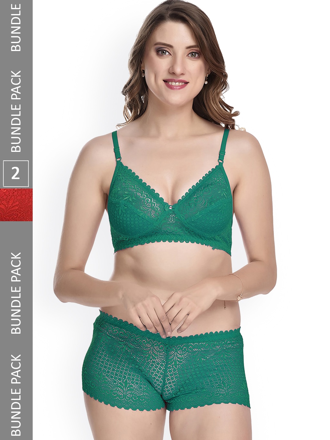 

AROUSY Pack Of 2 Self-Design Non-Padded Lace Lingerie Set, Red