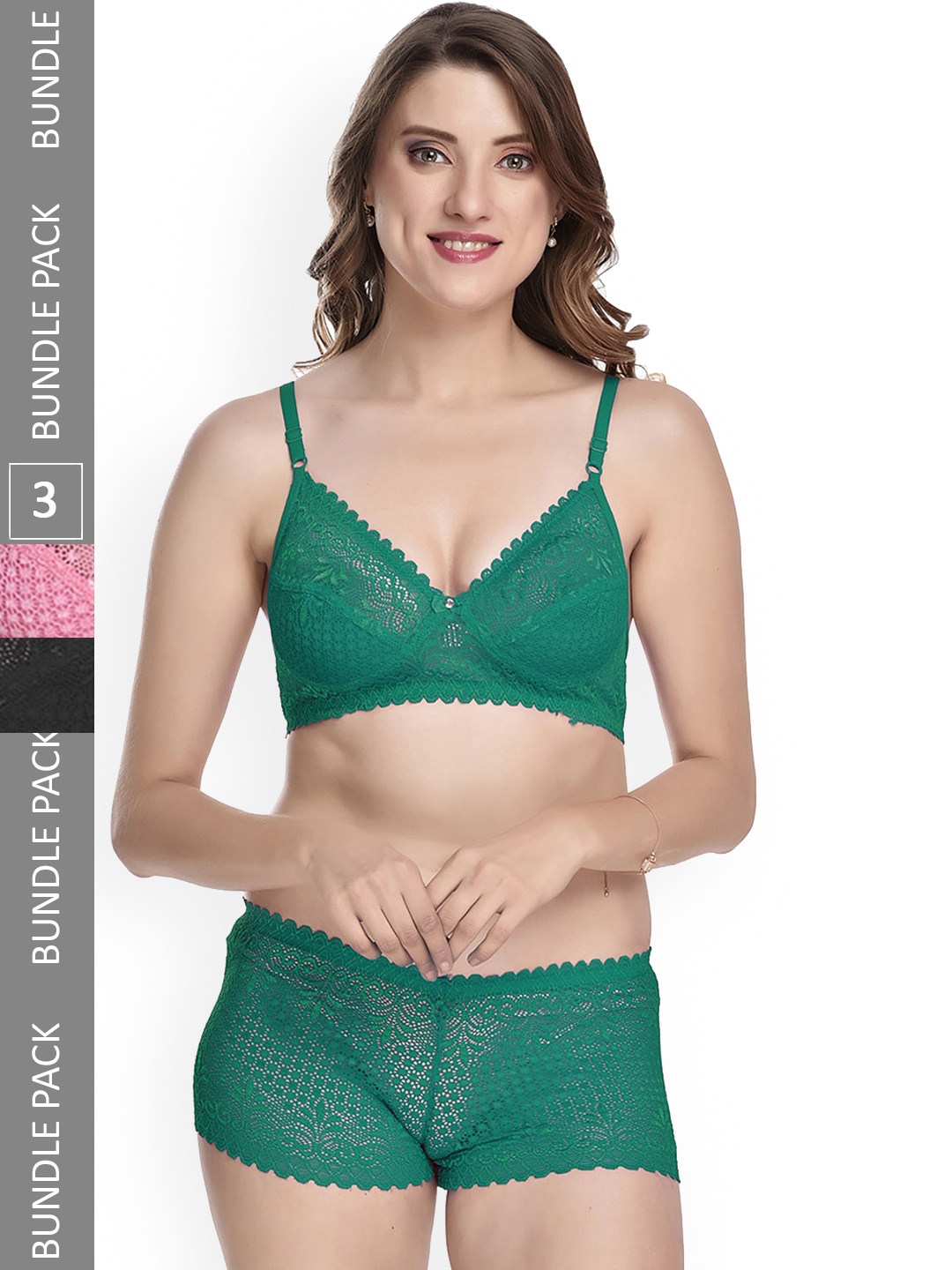 

AROUSY Pack Of 3 Self-Design Non-Padded Lace Lingerie Set, Black