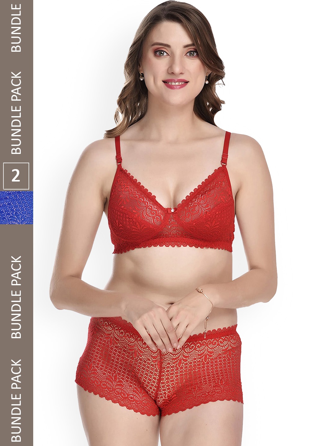 

AROUSY Women Pack Of 2 Self-Design Lace Lingerie Set M_Rain Set_Red,Blue_30