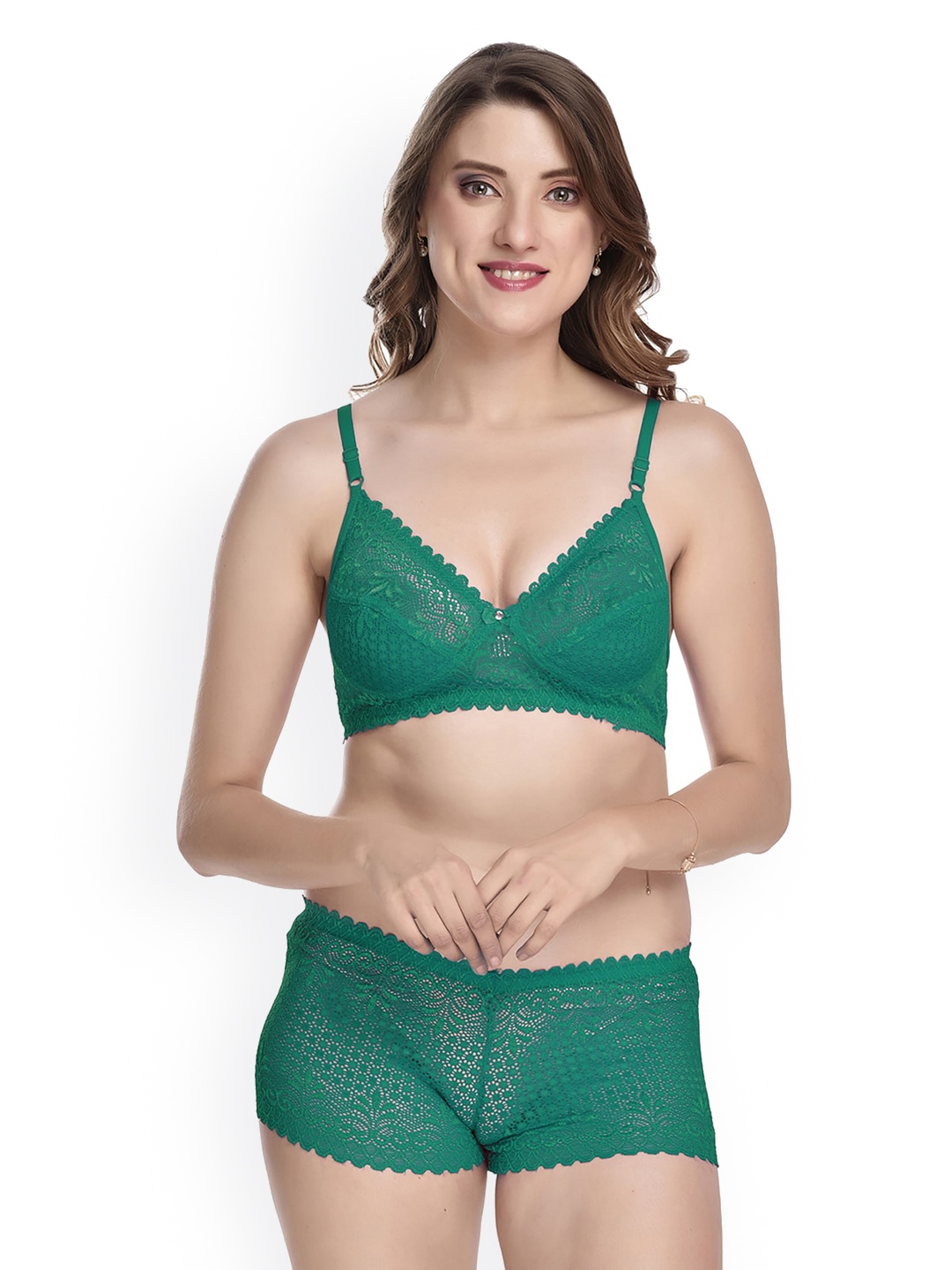 

AROUSY Self Design Non Padded Non Wired Mid Rise Lace Lingerie Set, Green