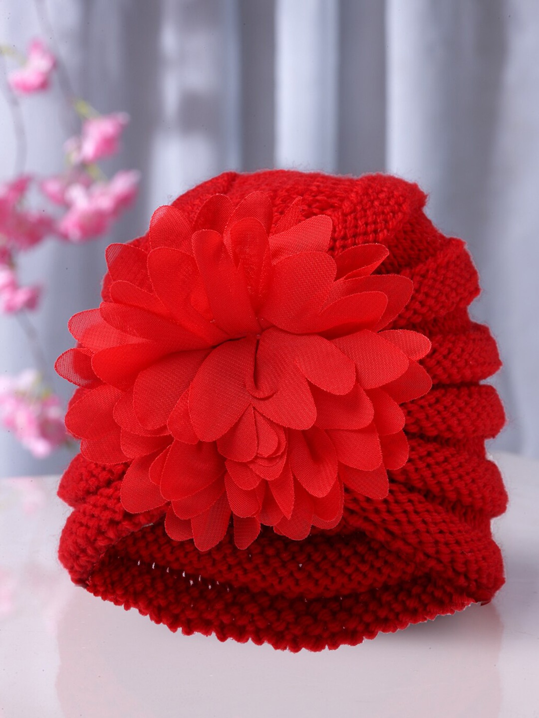 

Babymoon Kids Self Design Flower Cotton Beanie Cap, Red