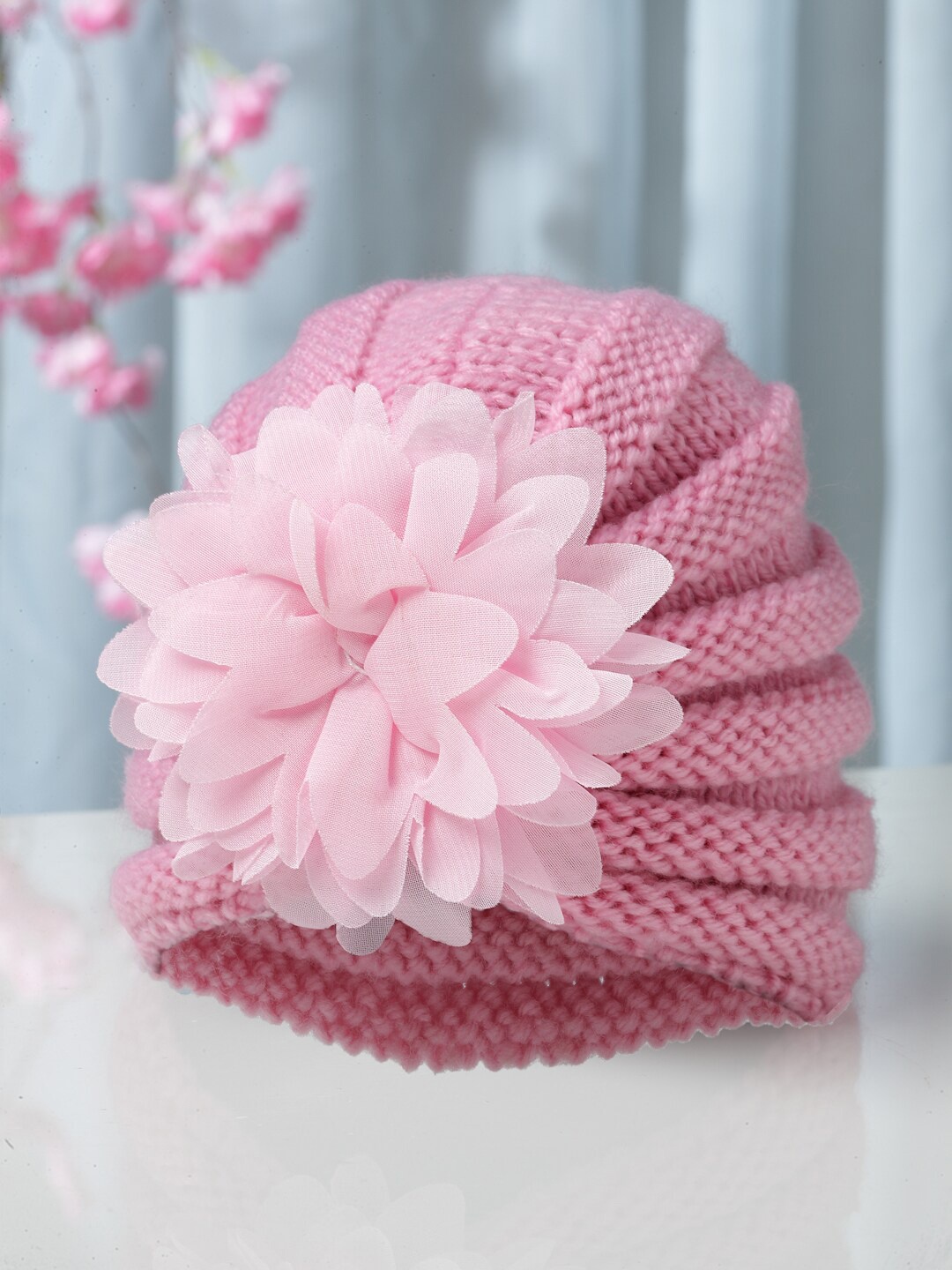 

Babymoon Kids Self Design Flower Cotton Beanie Cap, Pink