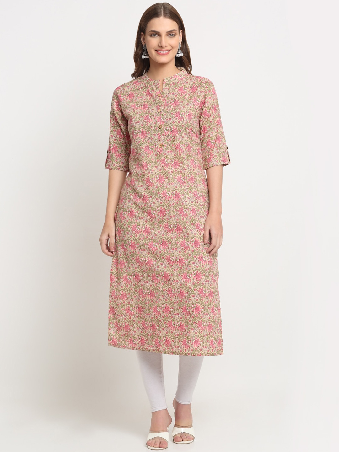 

KALINI Floral Printed Roll-Up Sleeves Kurta, Beige