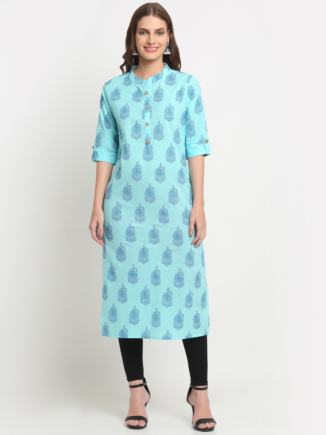 

KALINI Paisley Printed Roll-Up Sleeves Kurta, Blue