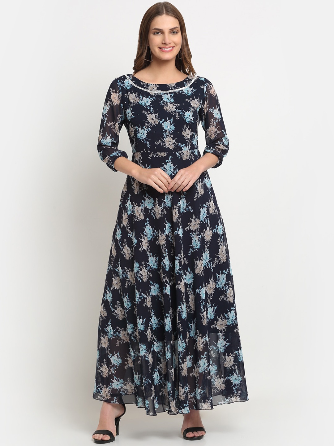 

KALINI Floral Printed Embellished Boat Neck Maxi Fit And Flare Dress, Navy blue