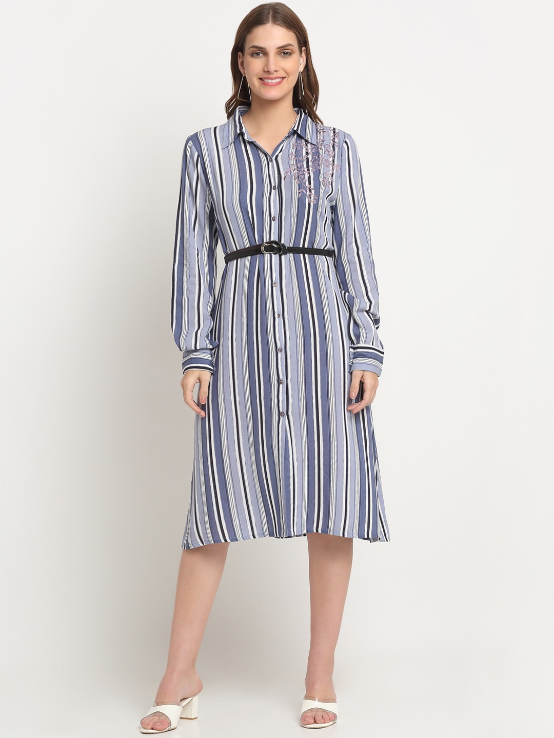 

KALINI Striped Cuffed Sleeves Shirt Dress With Belt, Blue