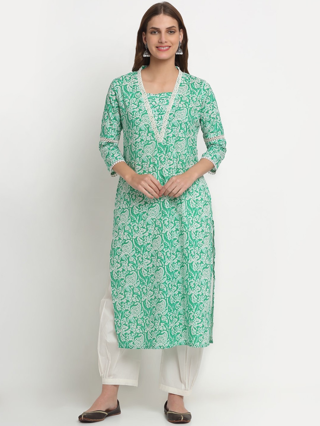 

KALINI V-Neck Paisley Printed Kurta, Green