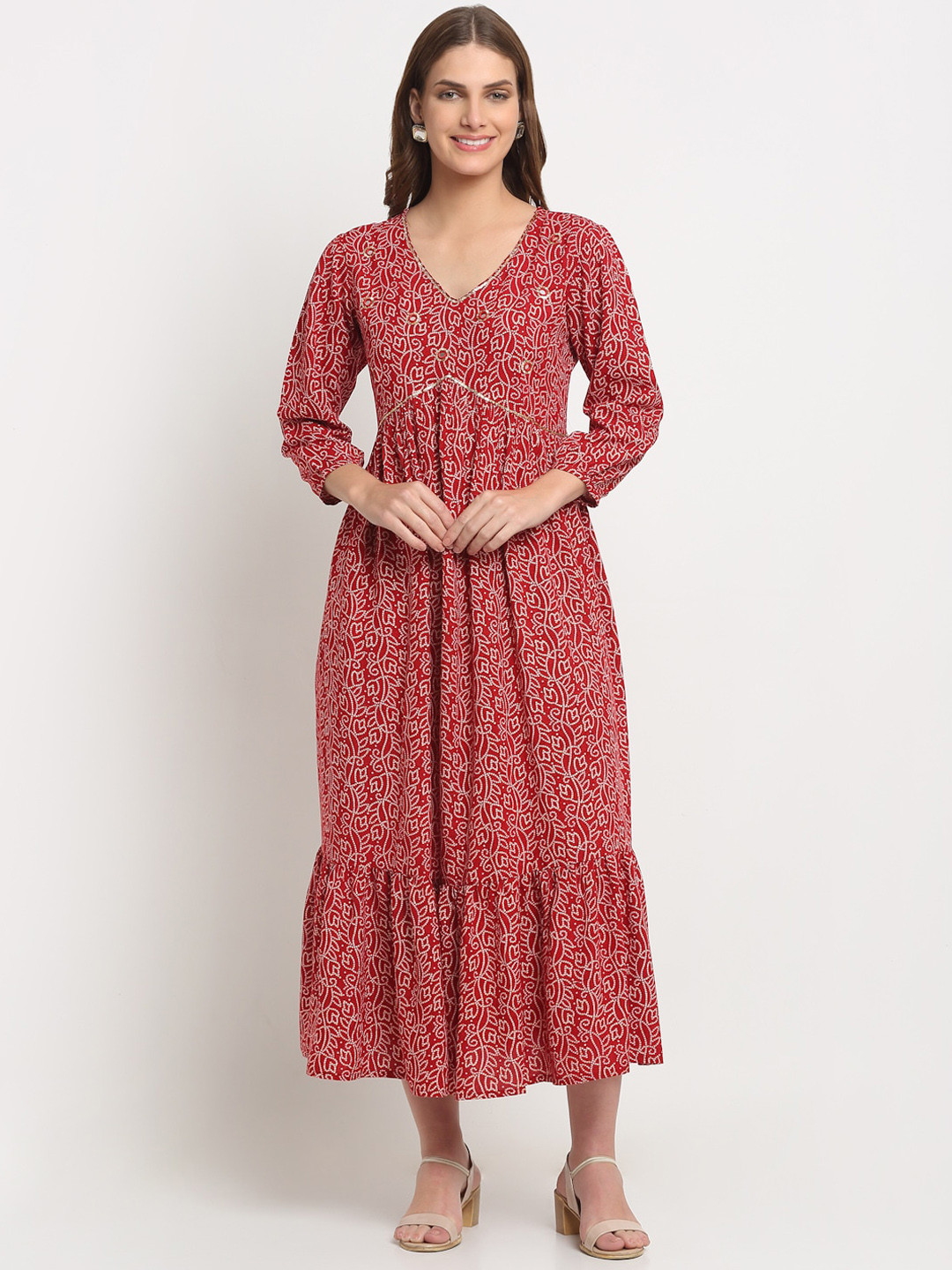 

KALINI Ethnic Motif Printed V-Neck Tiered Midi Empire Ethnic Dress, Red