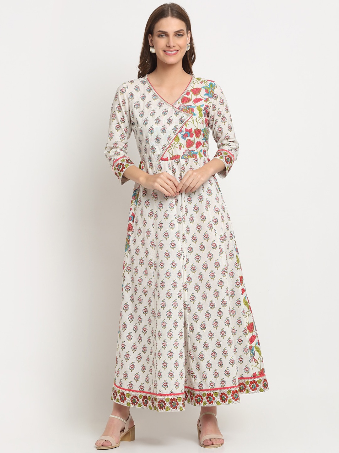 

KALINI V-Neck Floral Printed Fit & Flare Ethnic Dress, White