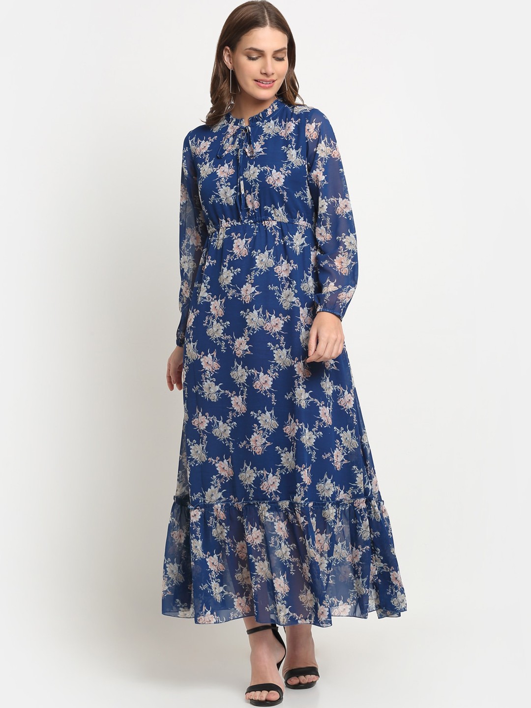 

KALINI Floral Printed Keyhole Neck Tiered Maxi Fit And Flared Dress, Blue