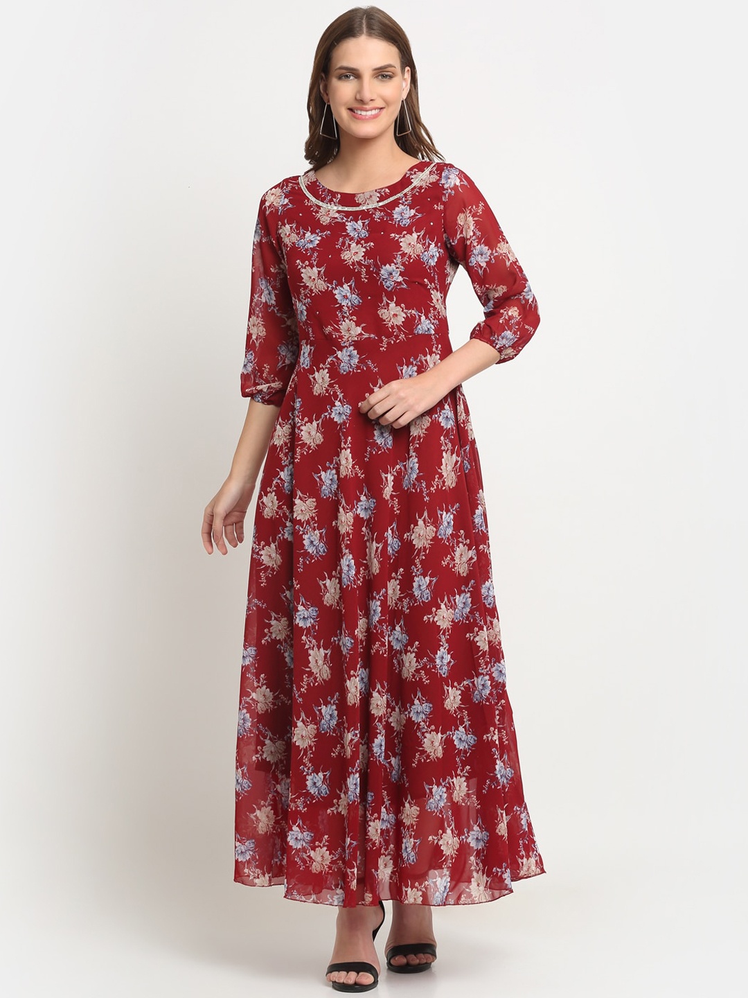 

KALINI Floral Printed Embellished Maxi Fit And Flared Dress, Maroon