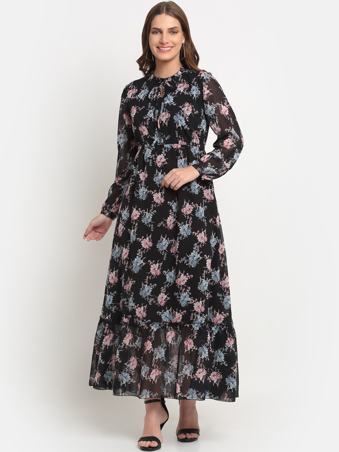 

KALINI Floral Printed Keyhole Neck Tiered Maxi Fit And Flared Dress, Black