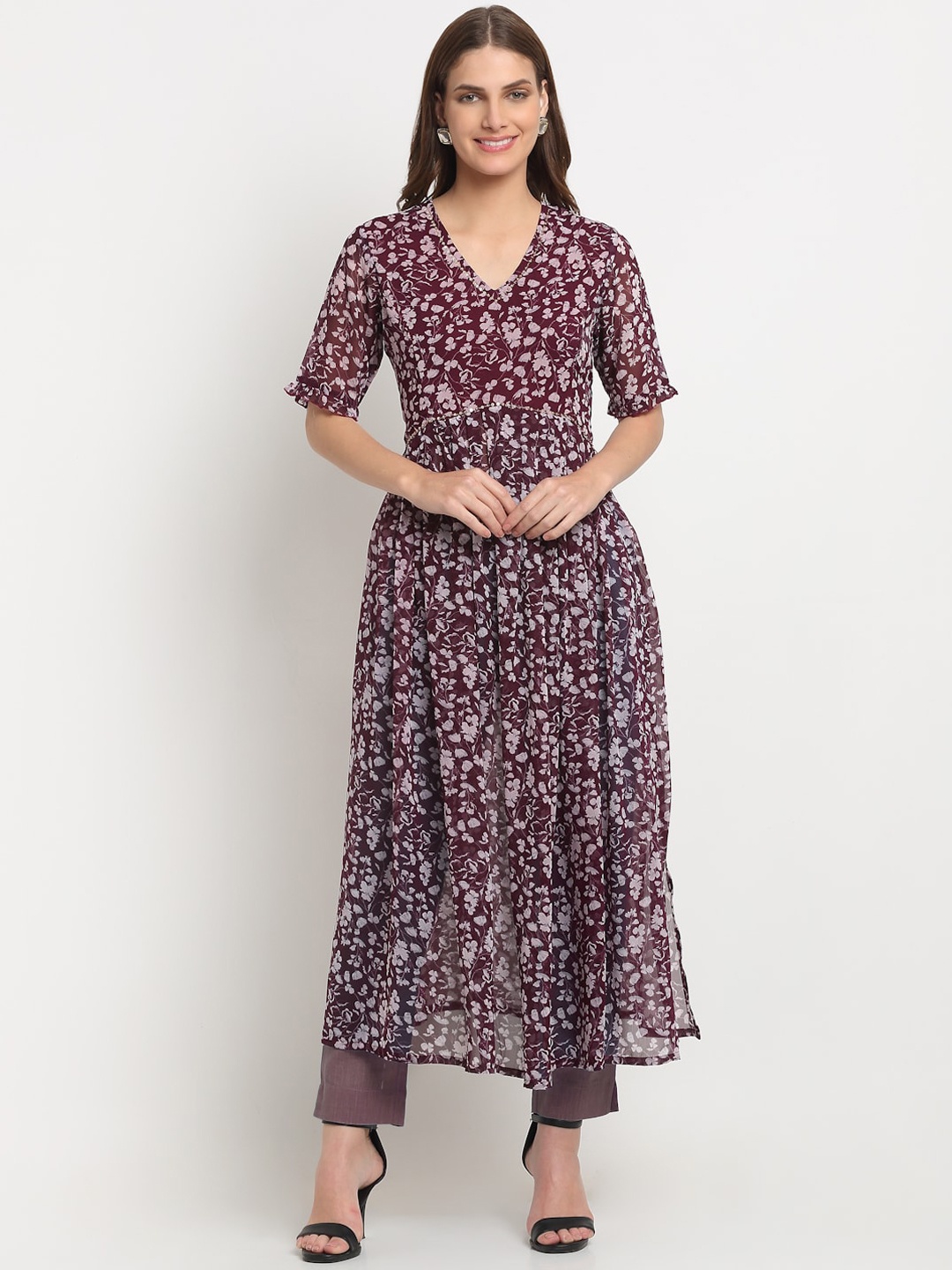 

KALINI Floral Printed Sequinned A-Line Kurta, Maroon